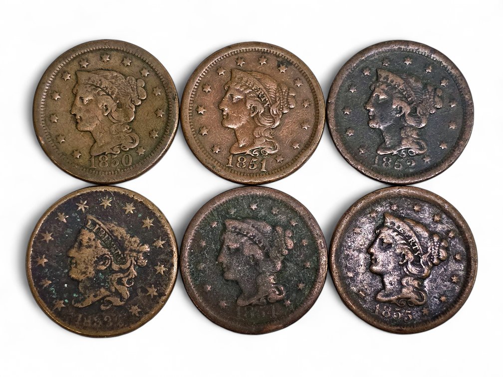 1833 Coronet & 1850, 1851, 1852, 1854 & 1855 Braided Hair Large Cents