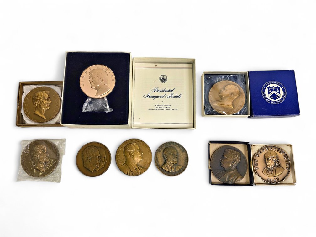9x Bronze & Brass Presidential Medallions - Abraham Lincoln, Jimmy Carter & More