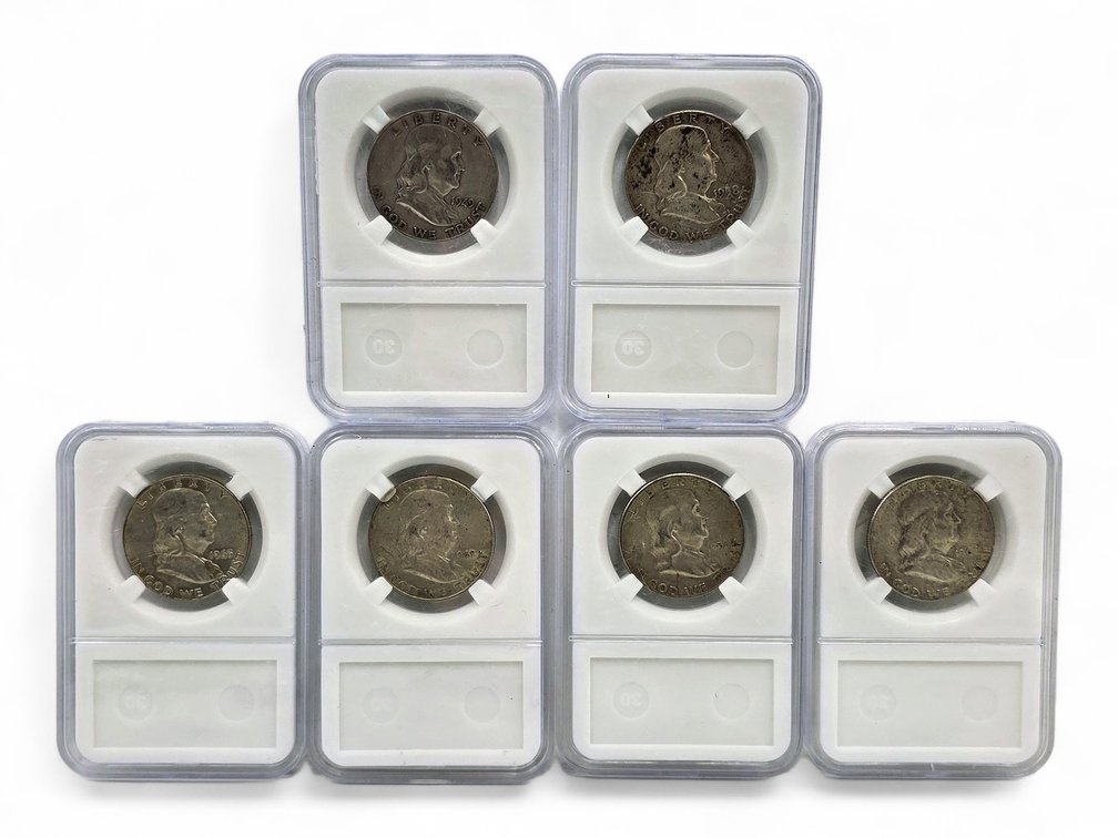 1948, 1949, 1951, 1958 & 1963 (2x) Franklin Silver Half Dollars