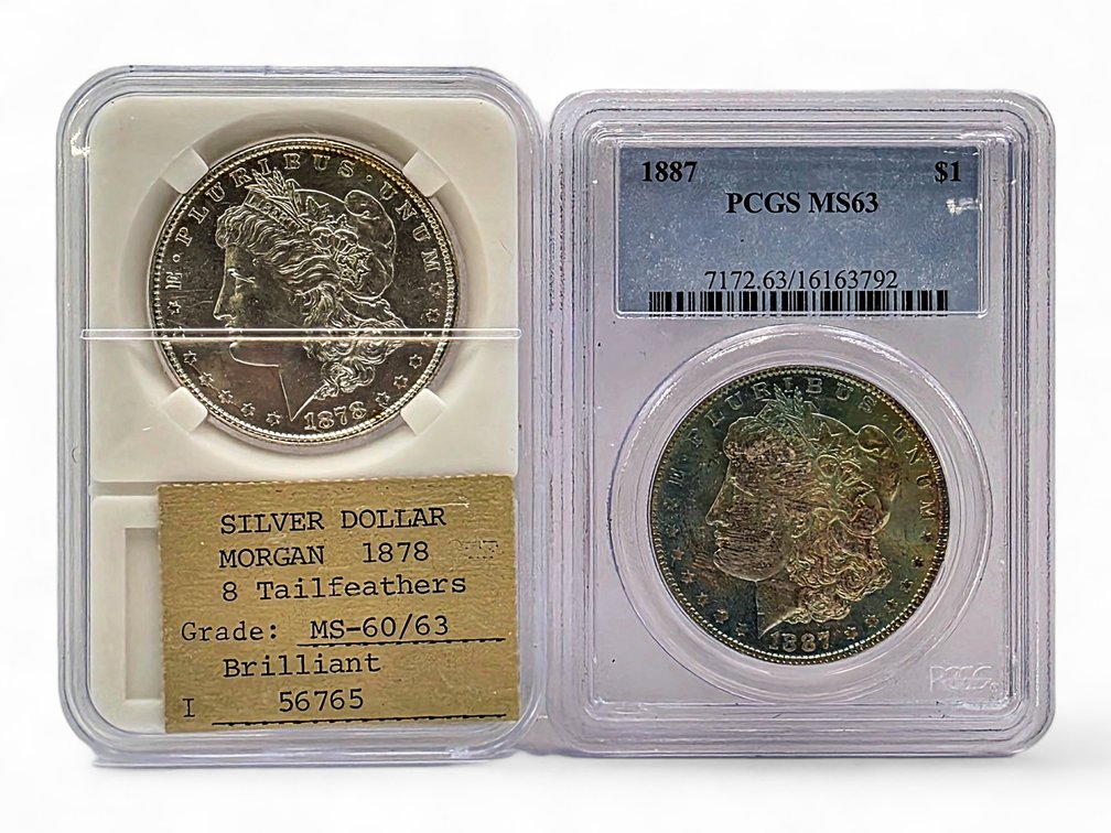 MS-60-63 Brilliant 1878 & PCGS MS63 1887 Morgan Silver Dollars