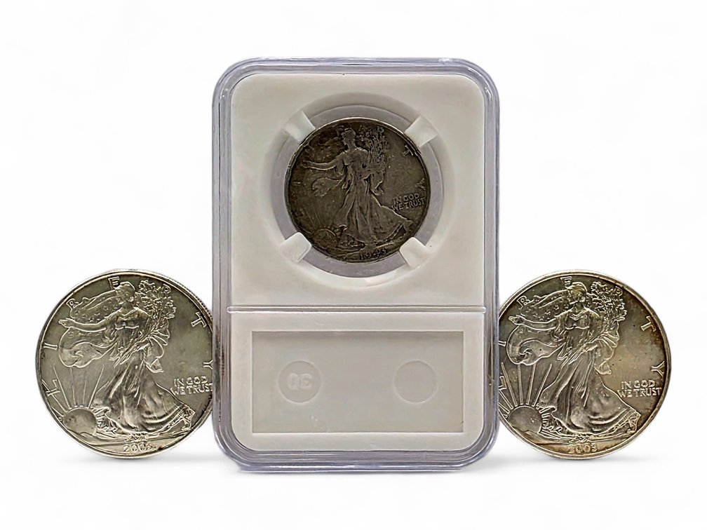 2x 2003 American Eagle Silver Bullion Dollars & 1943-S Walking Liberty Silver Half Dollar