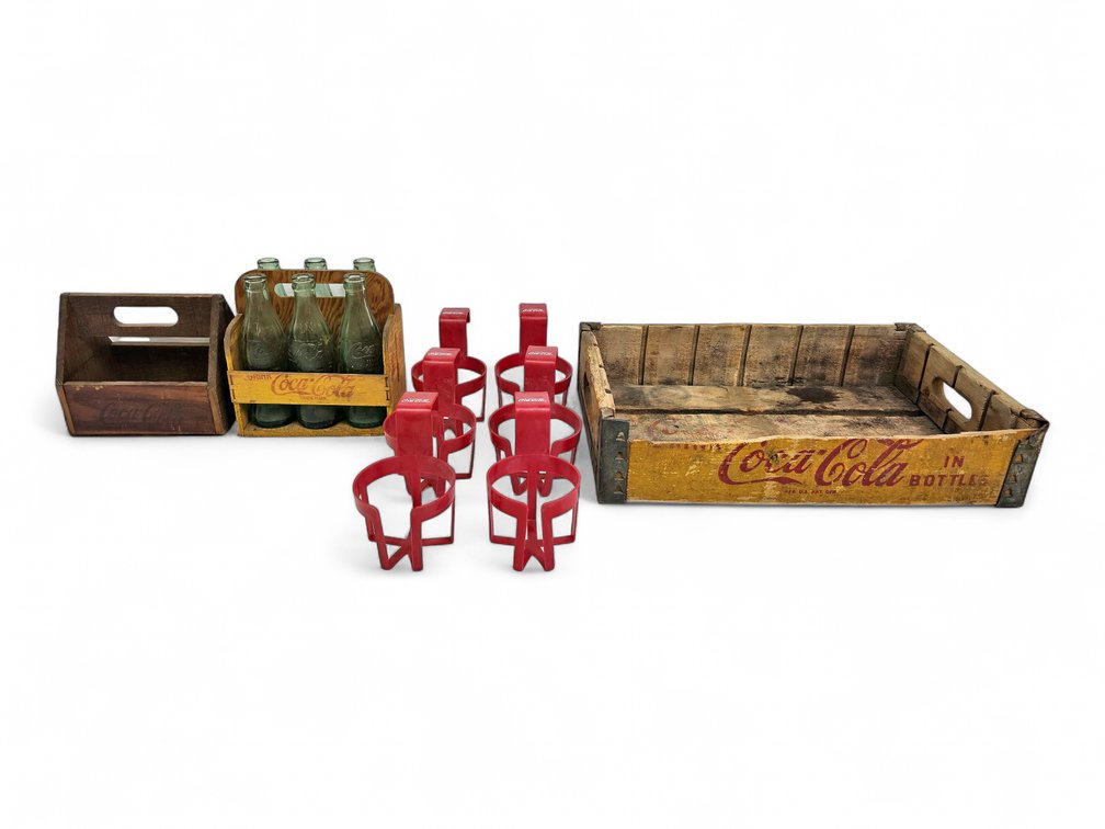 Wooden Coca-Cola Delivery Crates w/ 6x Glass Bottles & Automotive Beverage Holders