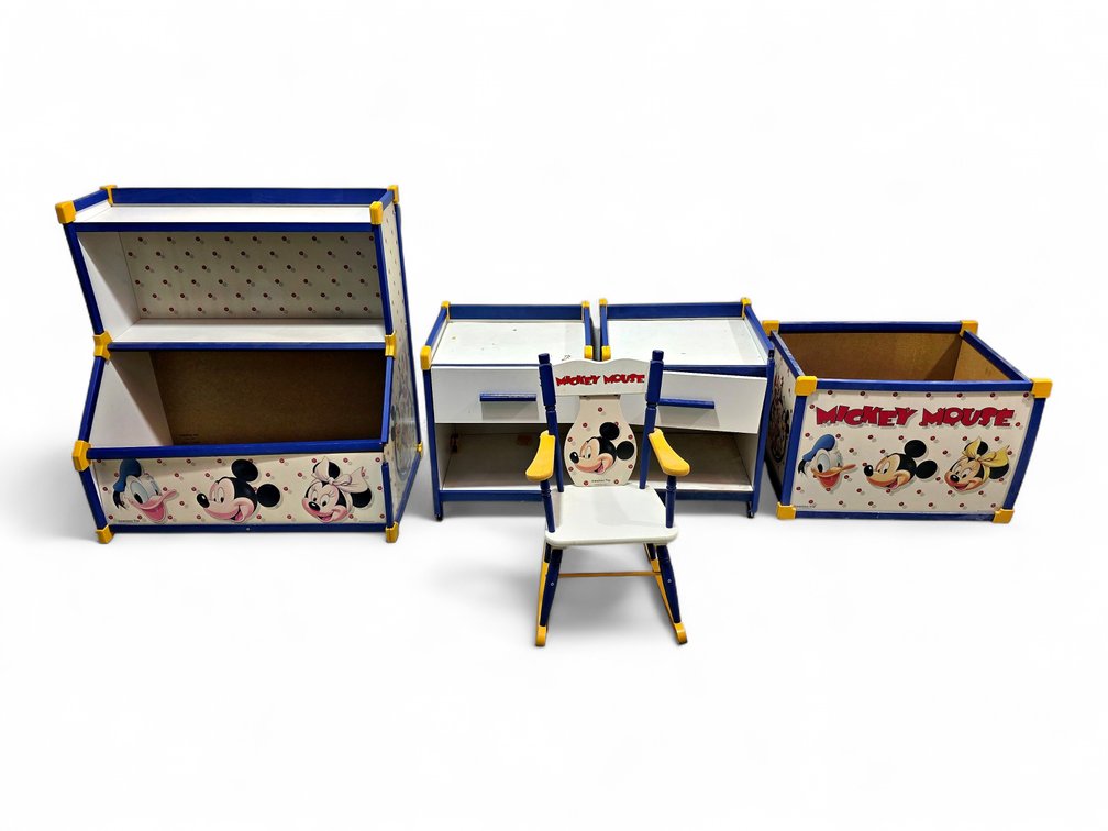 1990s Mickey Mouse American Toy Bedroom Set - Toy Bins, Nightstands & Rocking Chair