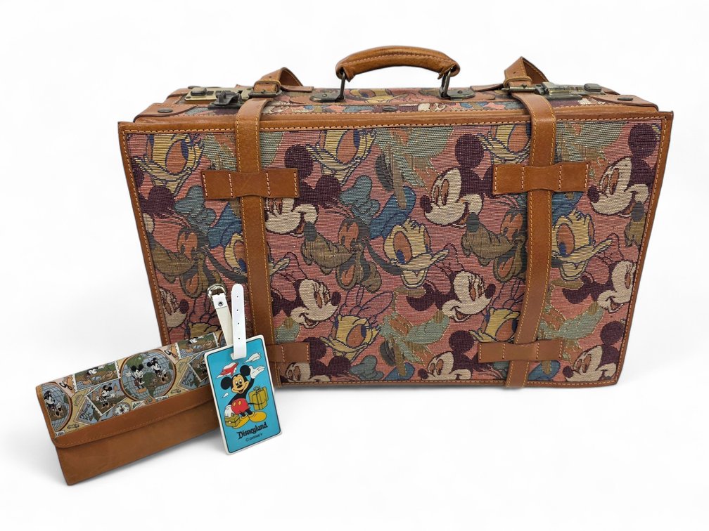 Mickey & Co. Leather & Tapestry Suitcase & Wallet w/ Disneyland Luggage Tag