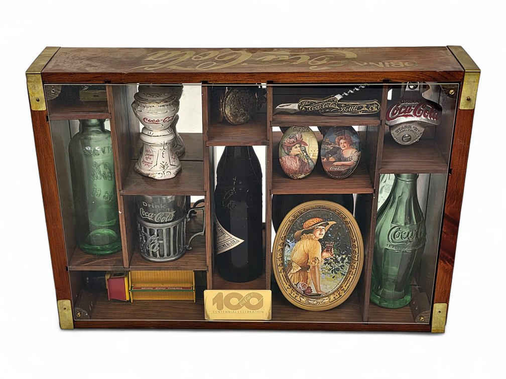Coca-Cola 100th Centennial Celebration Wooden Shadow Box w/ Trinkets