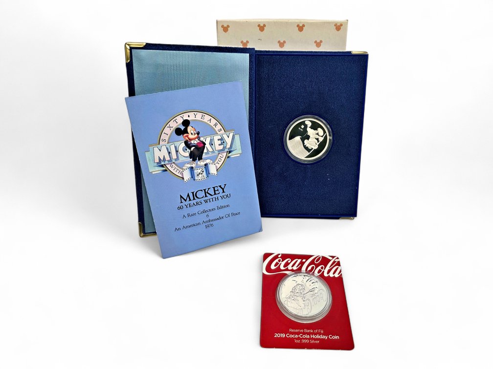 .999 Fine Silver 1976 Rarities Mint Mickey Mouse 60th Anniversary Silver Medallion & 2019 Fiji Reserve Coca-Cola Silver Dollar