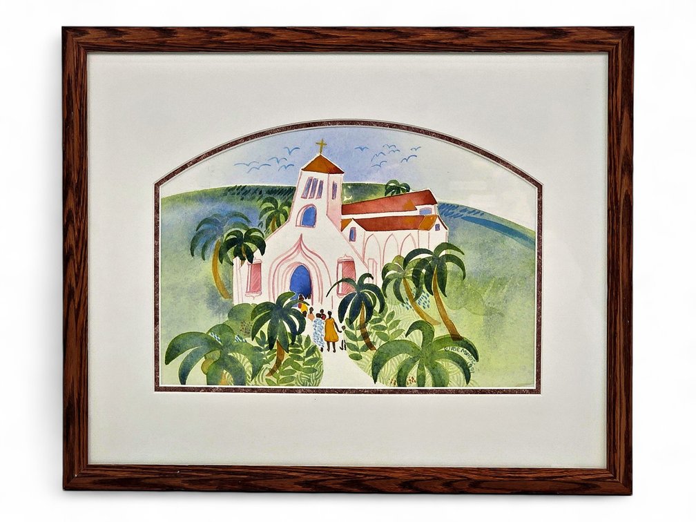 Rie Muñoz "Virgin Island Church" Watercolor c.1991