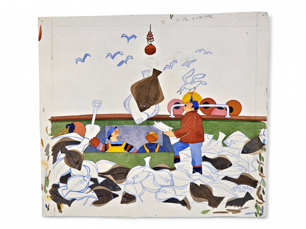 Rie Muñoz "Unloading Halibut" Watercolor Work-in-Progress c.1994