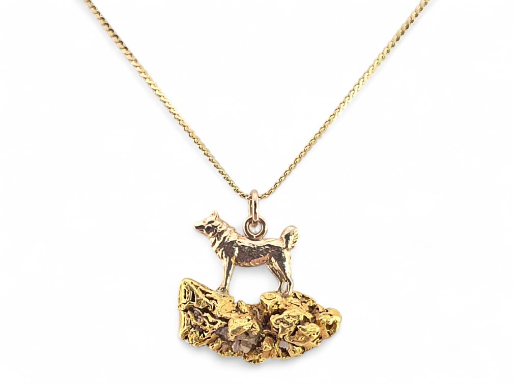 Alaskan Gold Nugget Sled Dog Pendant on 14K Chain