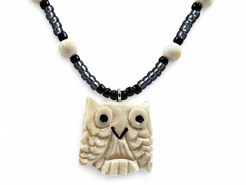 Ivory Owl & Glass Bead Necklace