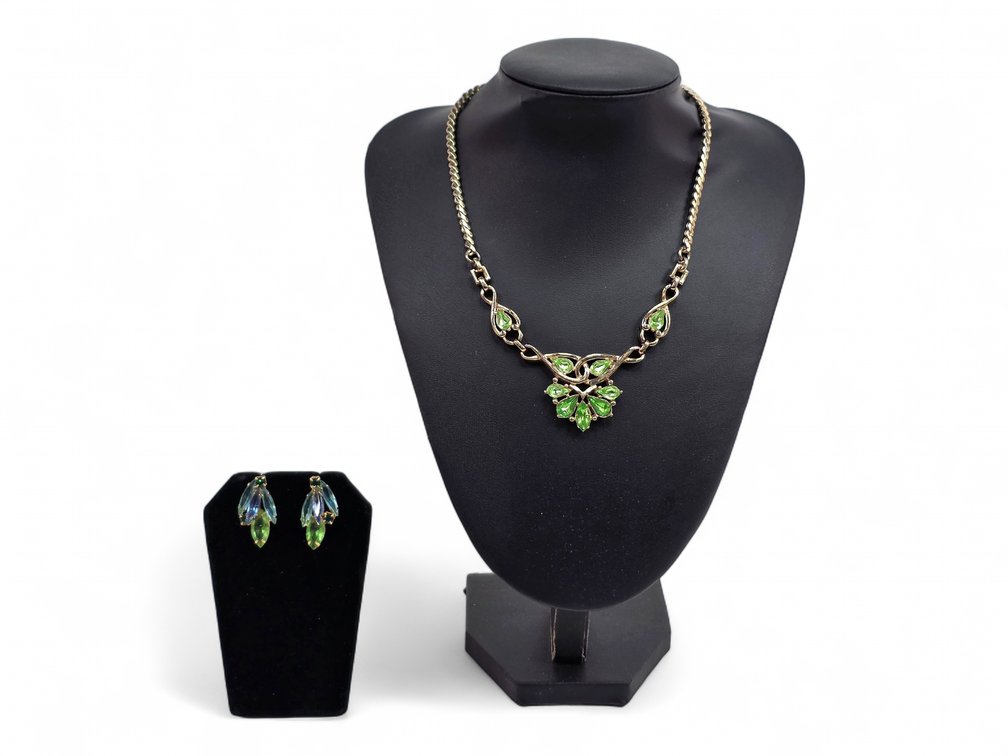 Barclay Green Rhinestone Necklace & Clip-on Earrings