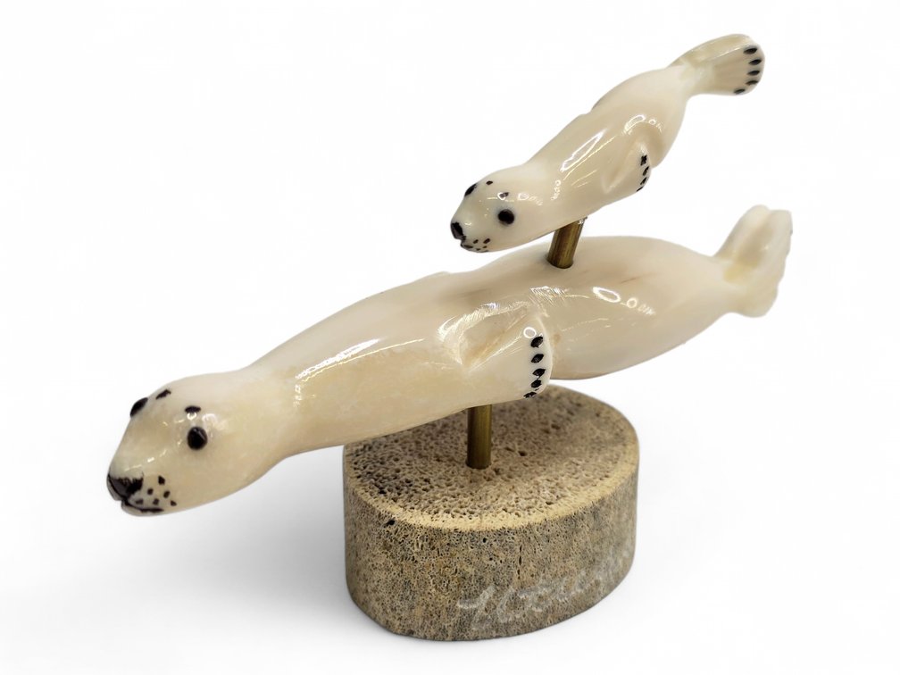 Ivory Seal & Pup Figurine w/ Bone Specimen