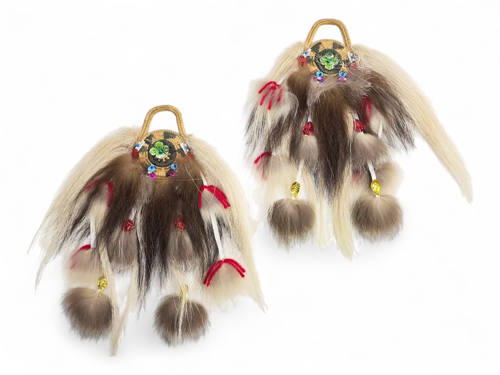 Yup'ik Coiled Grass Women's Dance Fans w/ Fur Fringe & Decorations