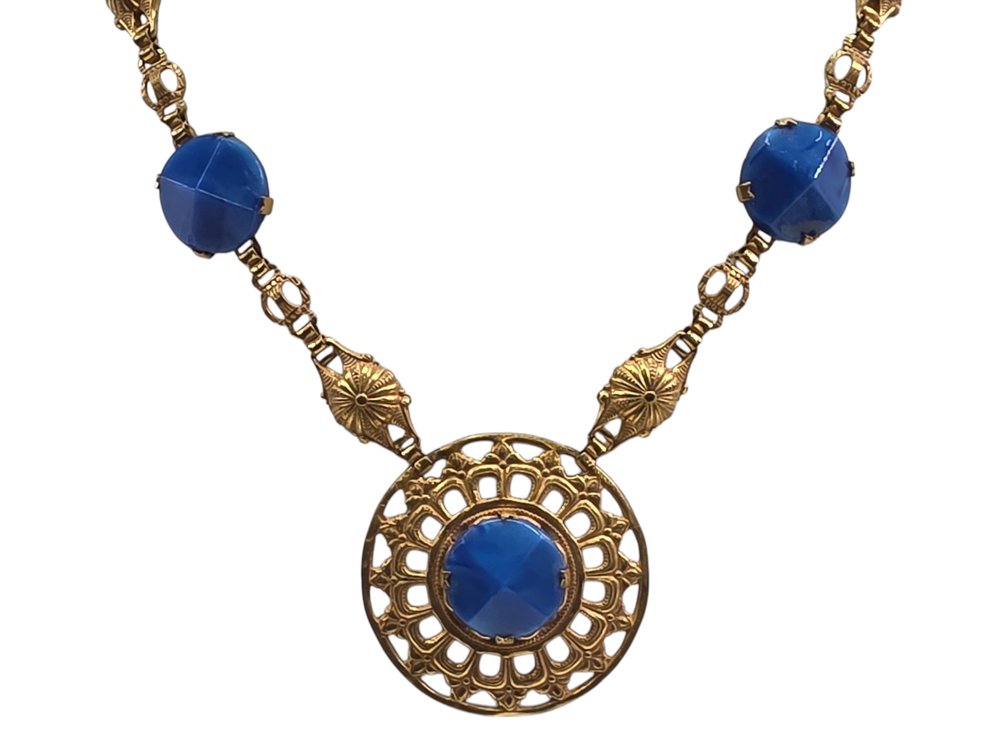 Czechoslovakian Gold-Toned Necklace w/ Blue Stones