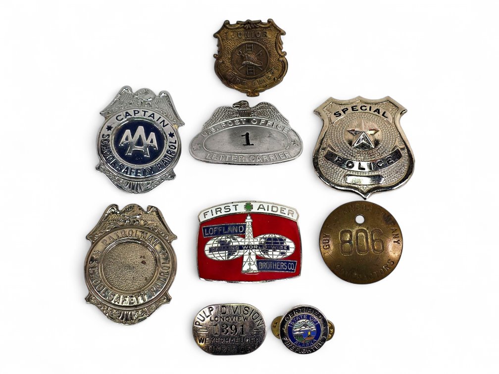 U.S. Post Office Hat Badge, Alaska Firefighter Pin, Special Police Badge & More