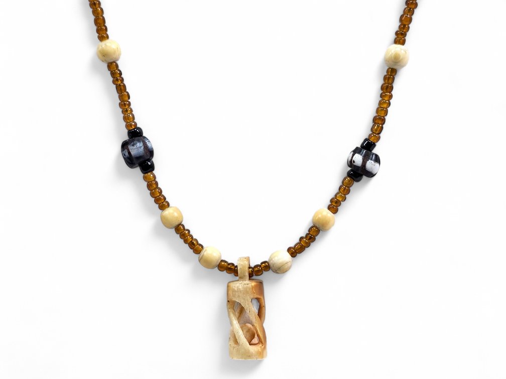 Carved Ivory Cage Pendant & Beaded Necklace