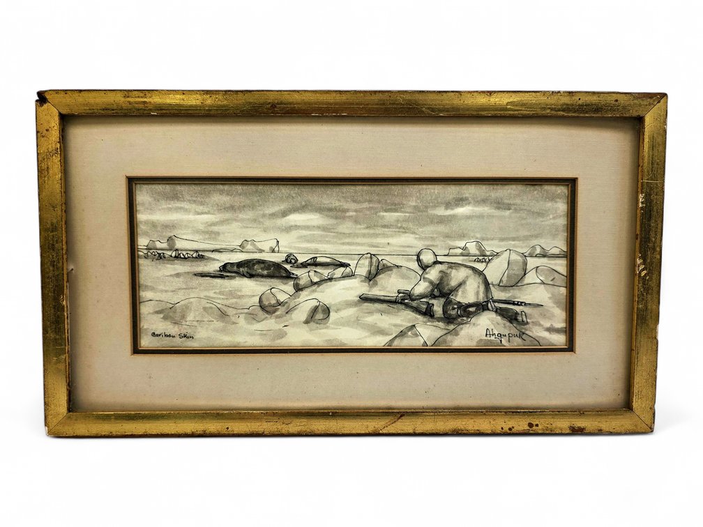 George Ahgupuk Original Drawing on Caribou Skin