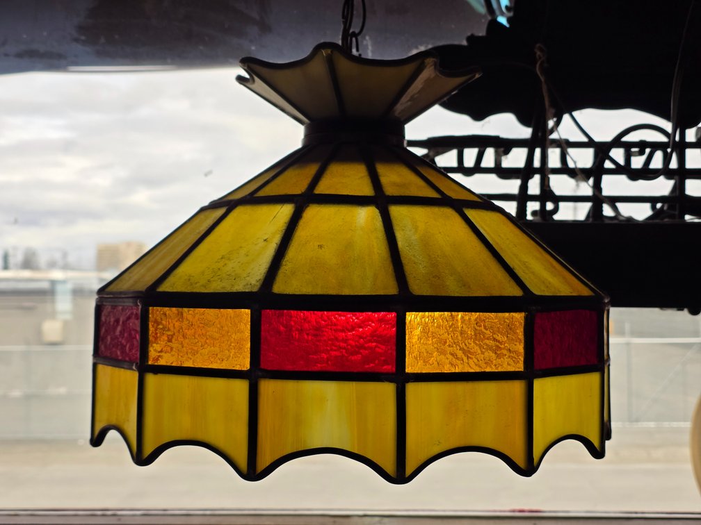 Geometric Amber, Yellow & Red Slag & Stained Glass Pendant Lampshade