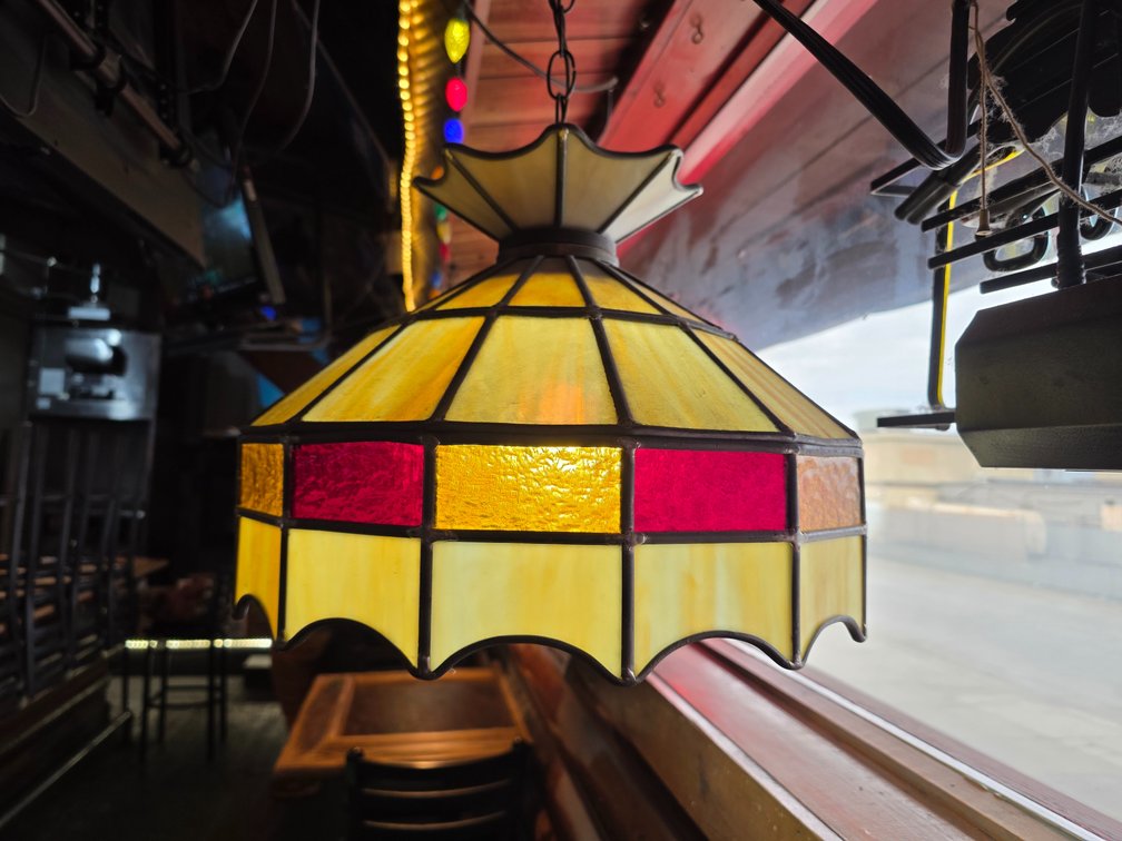 Geometric Amber, Yellow & Red Slag & Stained Glass Pendant Lampshade