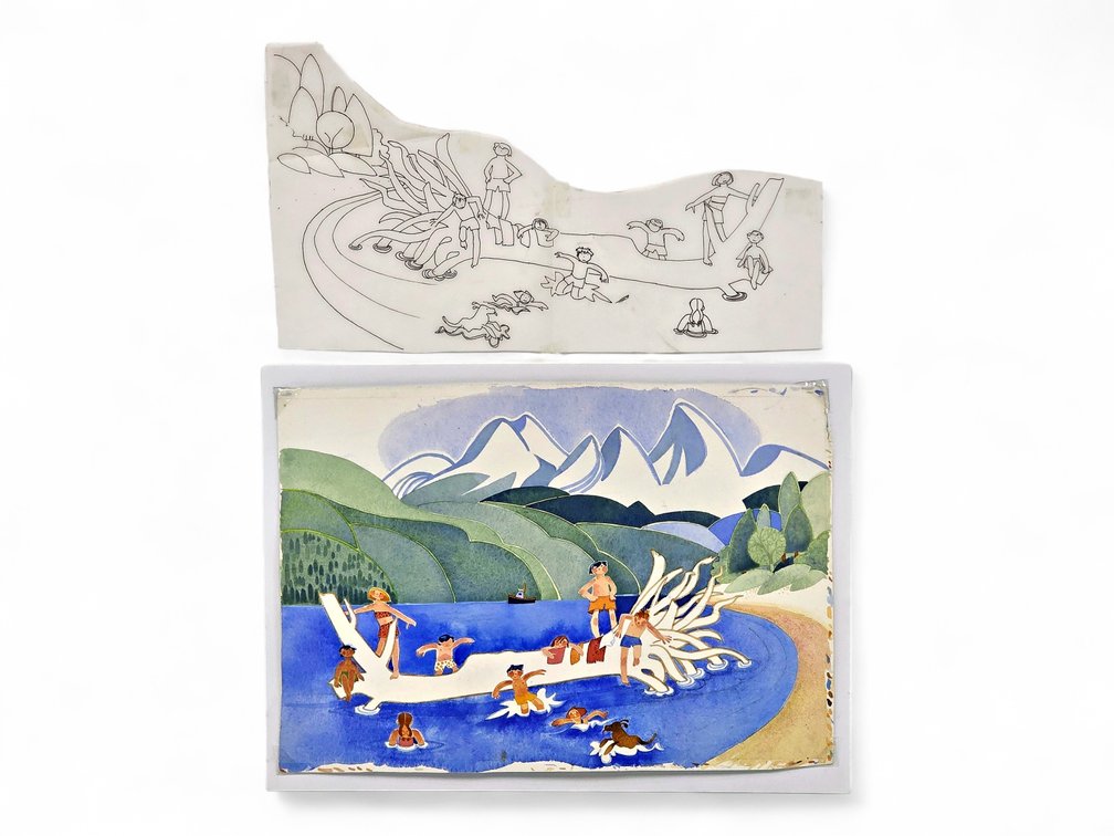 Rie Muñoz "Swimming At Sandy Beach, Juneau" Original Watercolor Work-in-Progress c.1990s