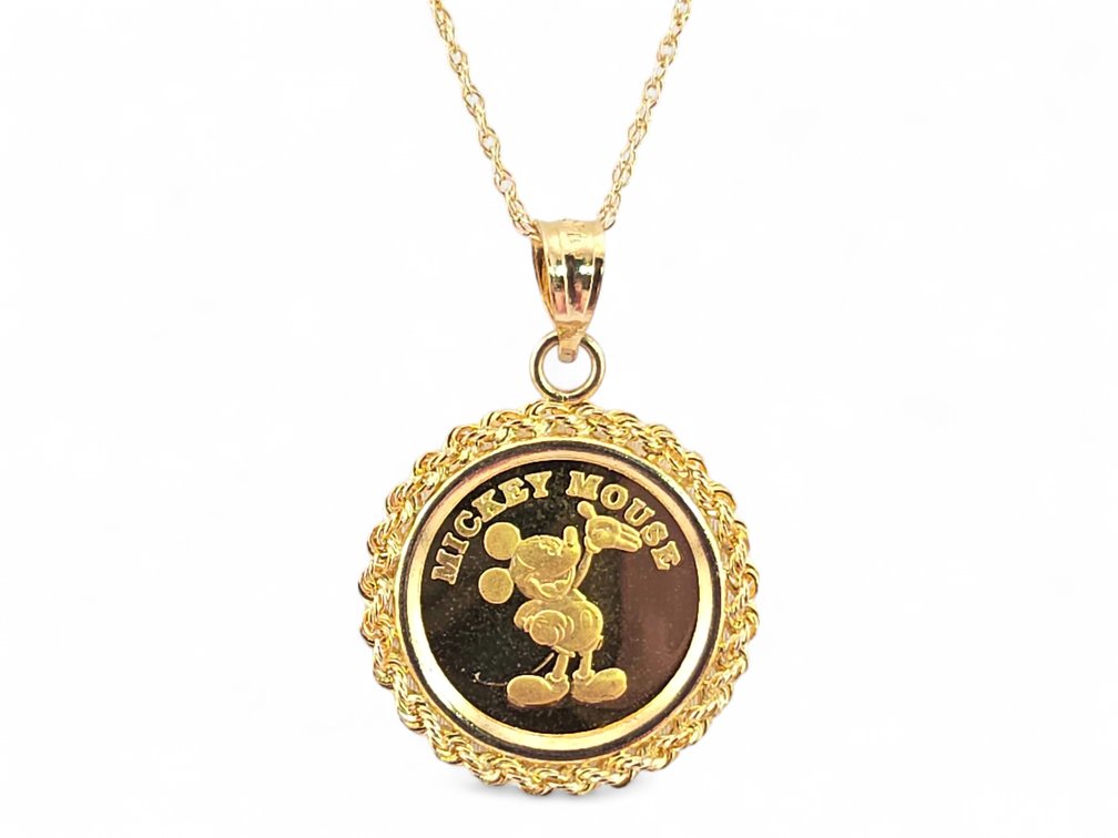 Disney Mickey Mouse .999 Fine Gold Medallion w/ 14k Yellow Gold Necklace