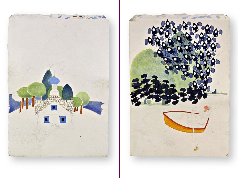 Rie Muñoz Double-Sided Original Watercolor Works-in-Progress of a Russian Church & Birds Over a Rowboat c.1990s