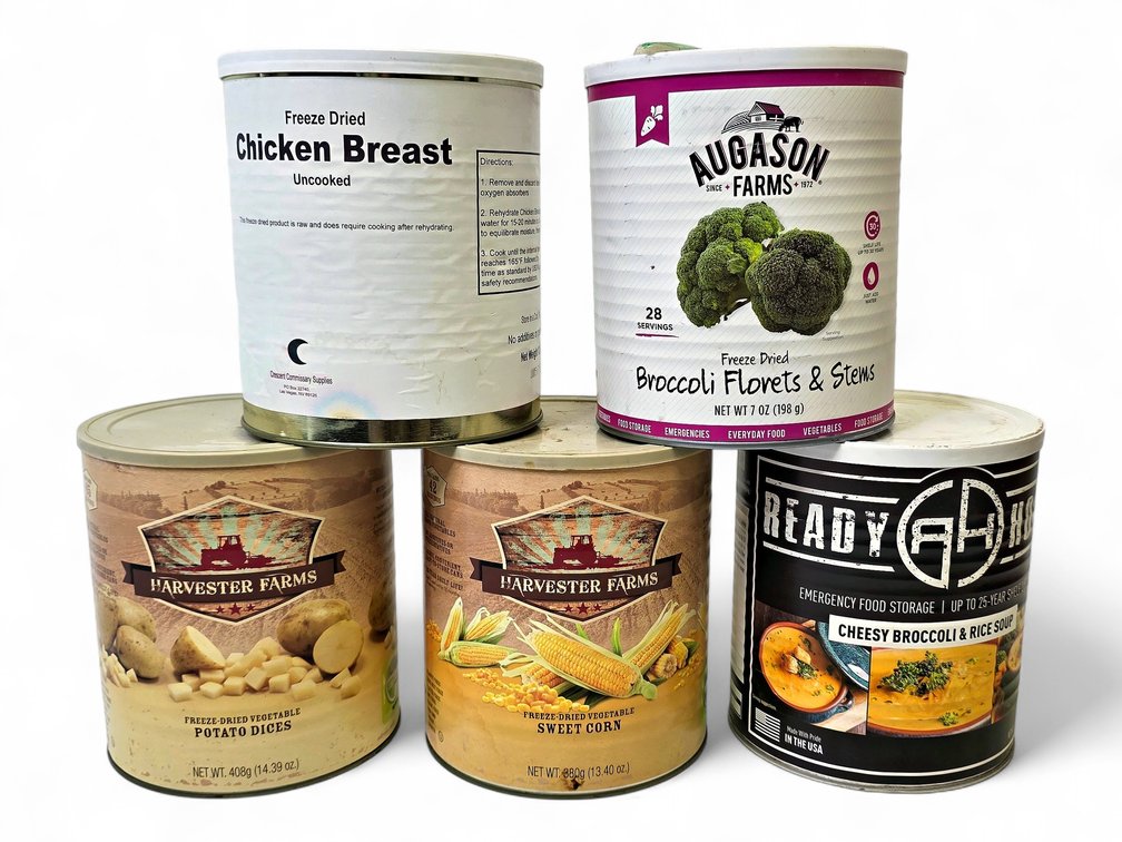 Augason Farms, Crescent Commissary Supplies, Harvester Farms & Ready Hour Ready-To-Eat Meal Cans