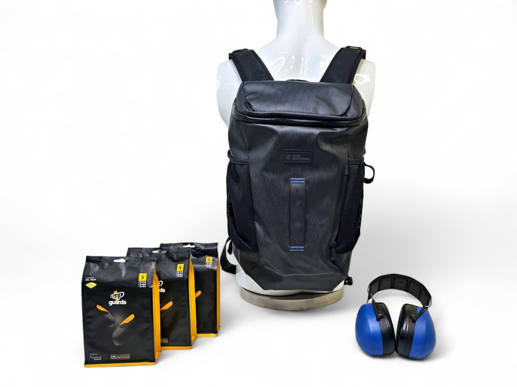 BMW Motorrad Backpack, Sneaker Grease Guards & Peltor Earmuffs