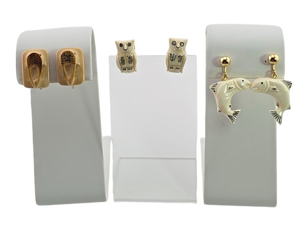 Mammoth & Walrus Ivory Owl, Walrus & Salmon Earrings