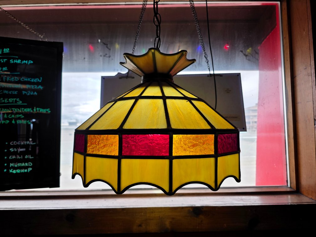 Geometric Amber, Yellow & Red Slag & Stained Glass Pendant Lampshade