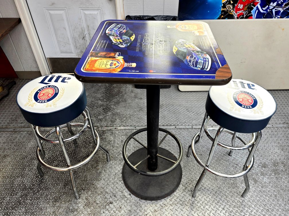 Square Crown Royal Bar Table w/ 2x Miller Lite Bar Stools