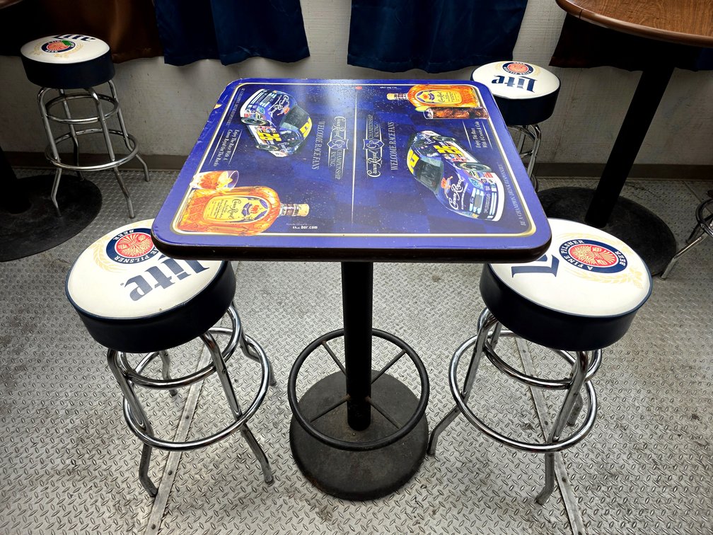 Square Crown Royal Bar Table w/ 2x Miller Lite Bar Stools