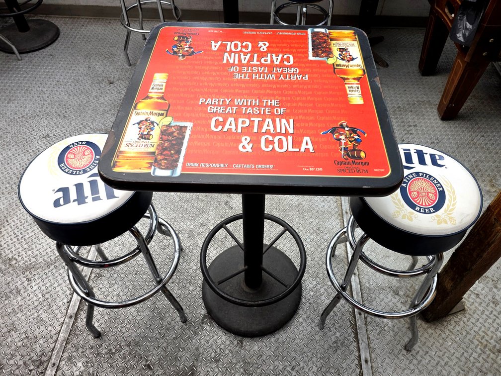 Square Captain Morgan Bar Table w/ 2x Miller Lite Bar Stools
