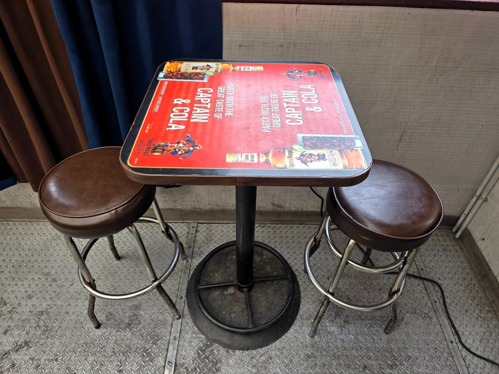 Square Captain Morgan Bar Table w/ 2x Round Bar Stools