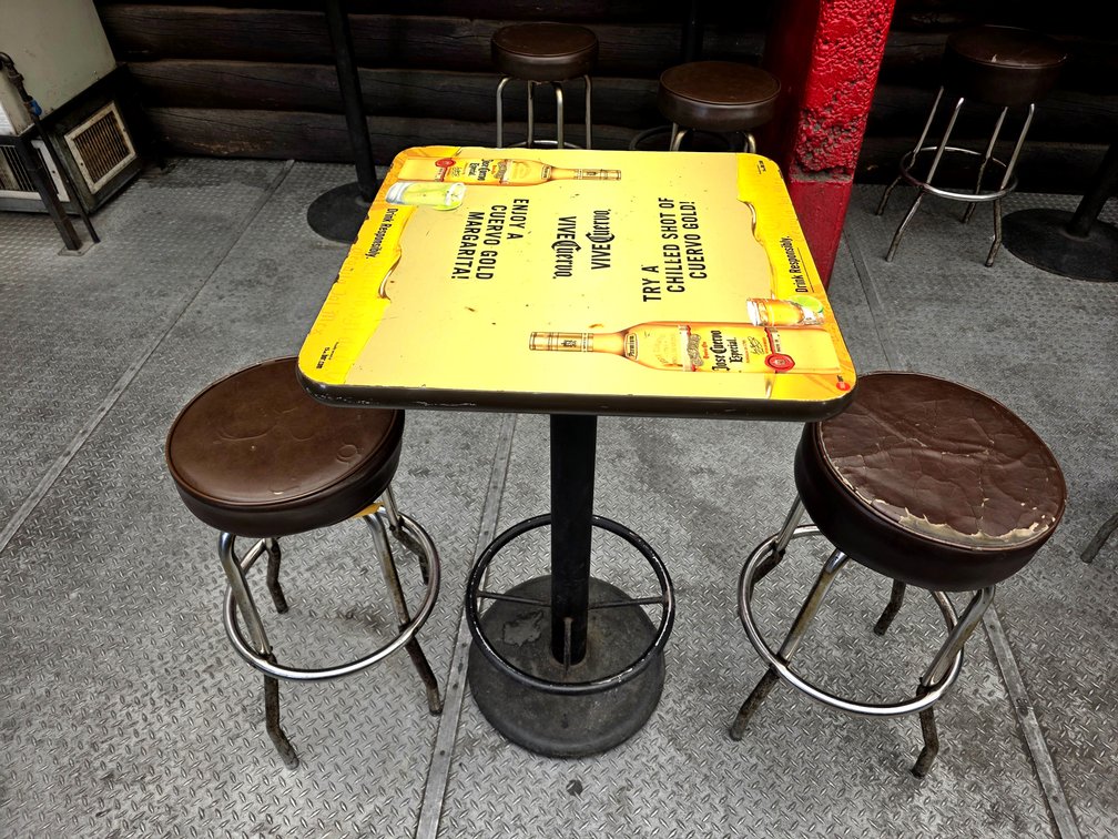 Square Jose Cuervo Bar Table w/ 2x Round Bar Stools