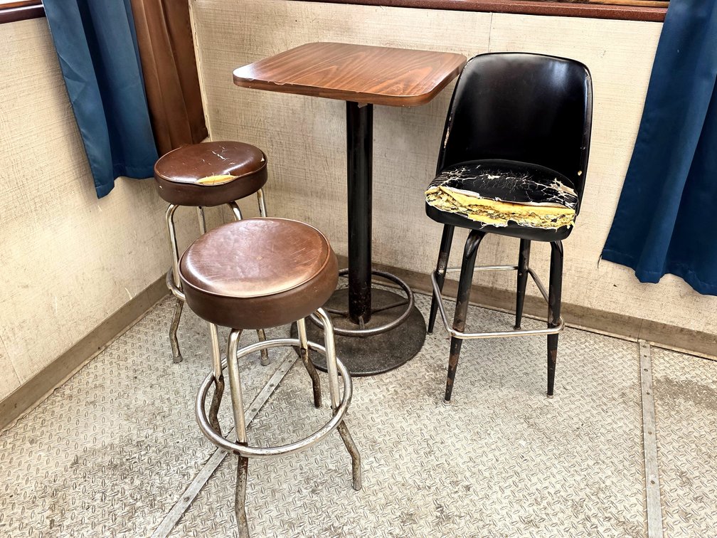 Square Bar Table w/ 2x Round Bar Stools & 1x Bucket Bar Stool