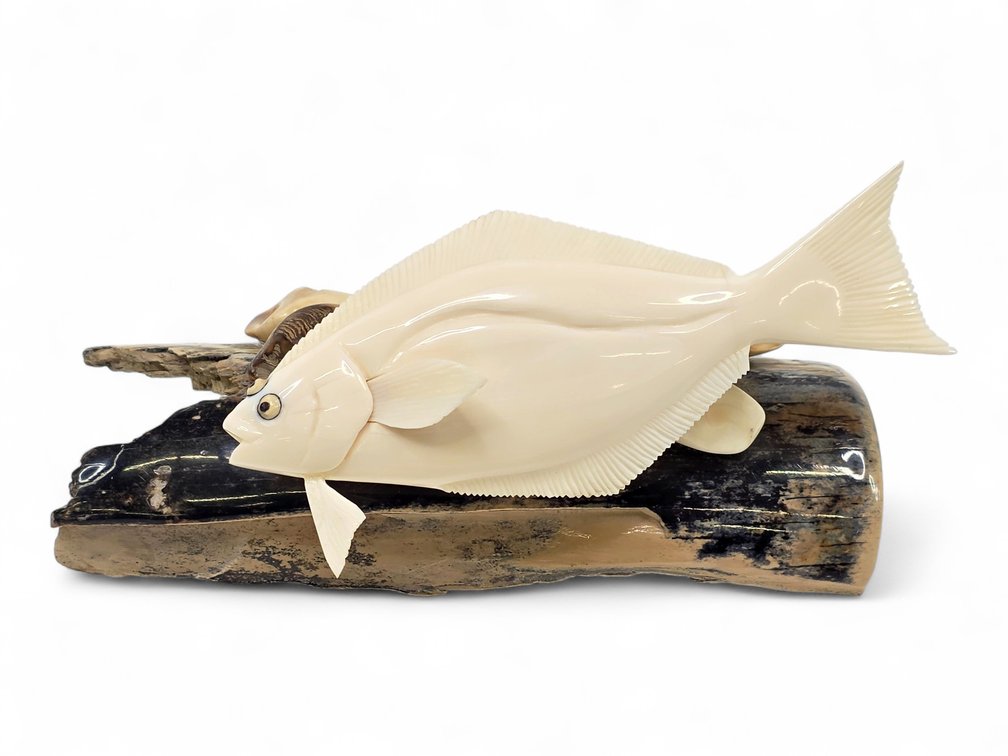 Walrus Tusk Halibut Sculpture on Mammoth Tusk Base - Brian Kulik