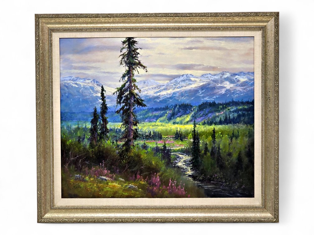 James Belcher Oil Painting of Sunlit Alaska Mountain Valley