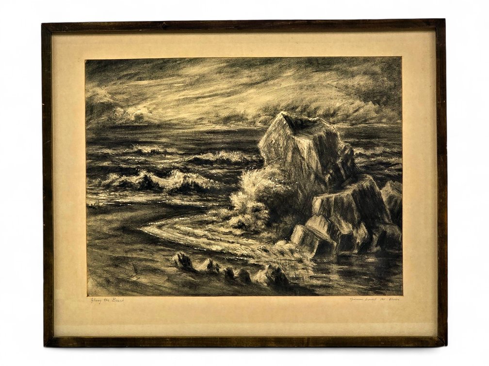 Norman Lowell "Along the Beach" Charcoal Drawing