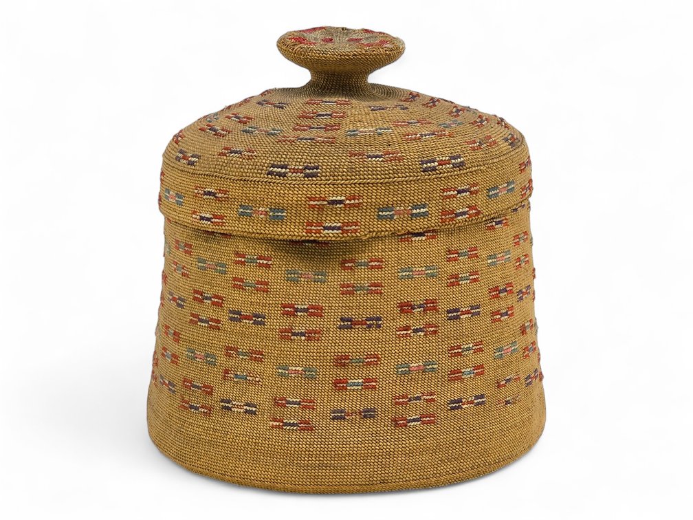 Large Antique Attu Aleut Polychrome Rye Grass Covered Basket