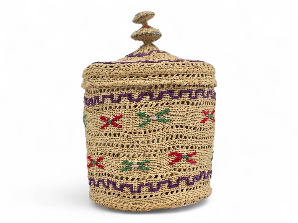 Colorful Attu Aleut Twined Basket by Sophie Pletnikoff