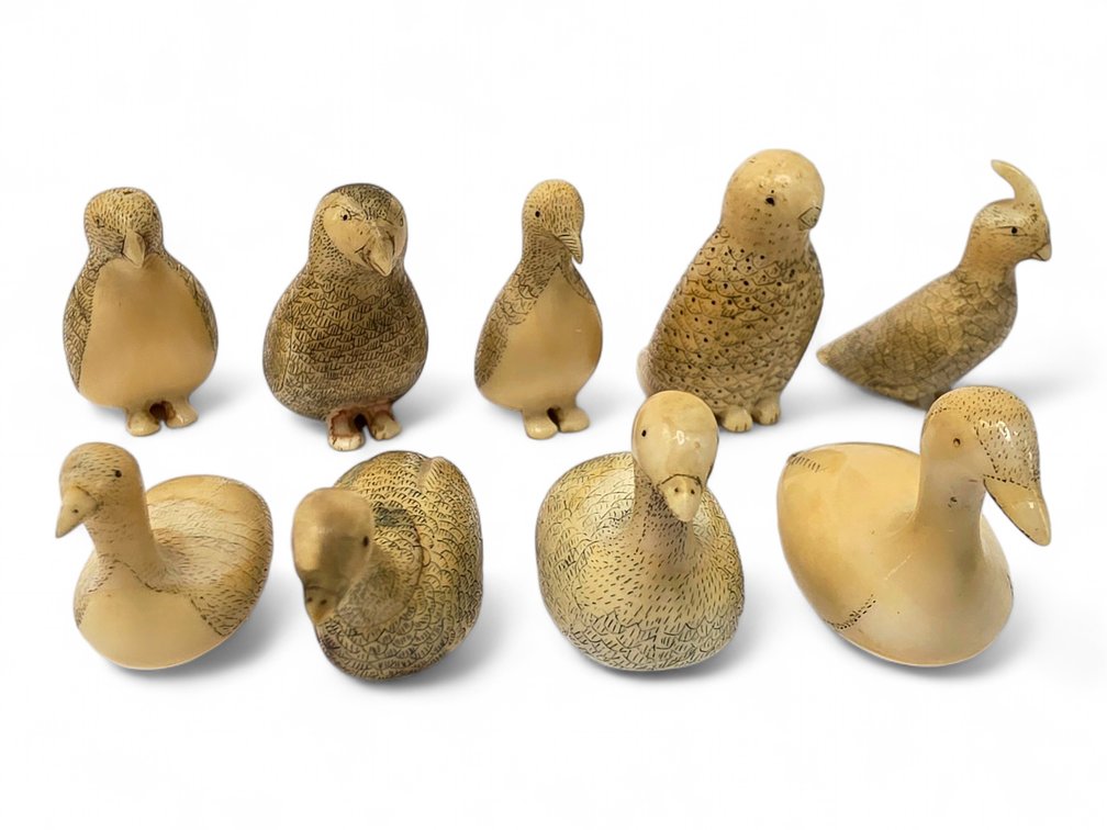 Nine Early Eskimo Carved Walrus Tusk Bird Figures