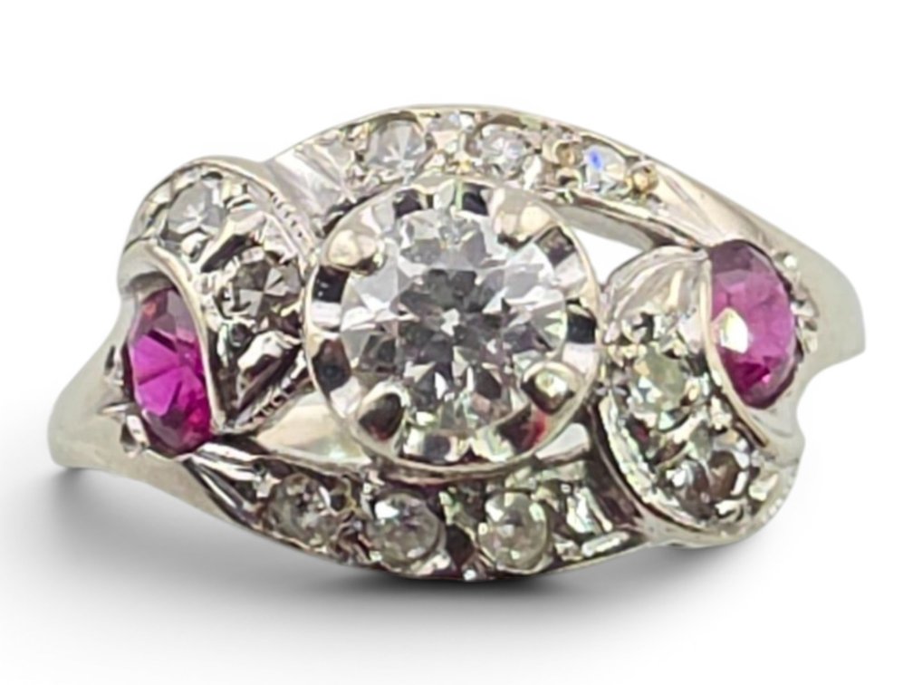 Art Deco 14k White Gold Diamond & Ruby Ring