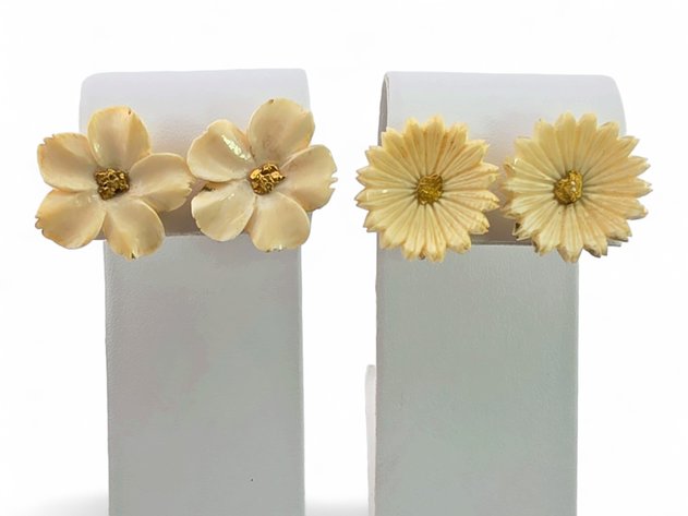 Mammoth & Walrus Ivory Floral Earrings w/ Gold Nuggets