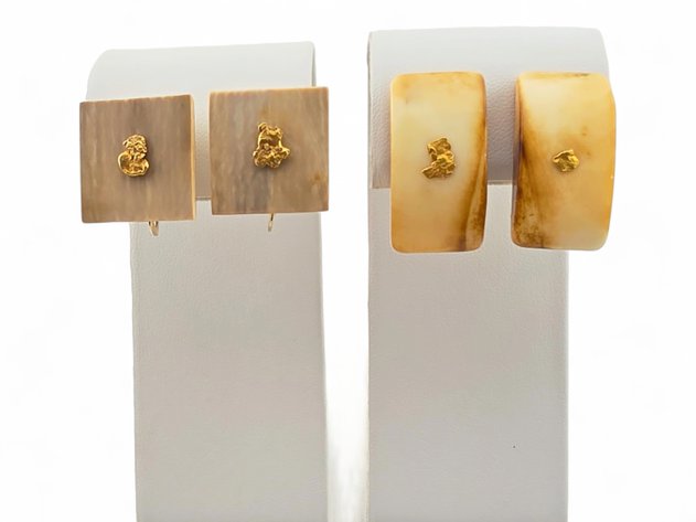 Mammoth & Walrus Ivory Clip Earrings w/ Gold Nuggets