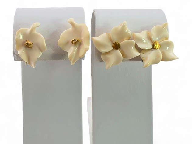 Walrus Ivory Calla Lily & Dogwood Earrings w/ Gold Nuggets