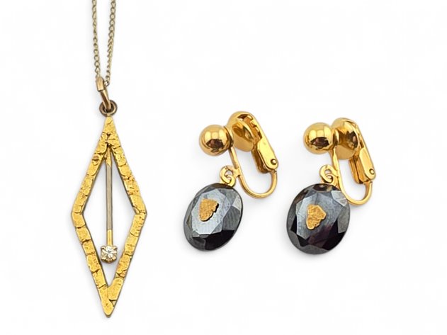 Gold Nugget & Diamond Pendant w/ Gold Nugget & Hematite Earrings