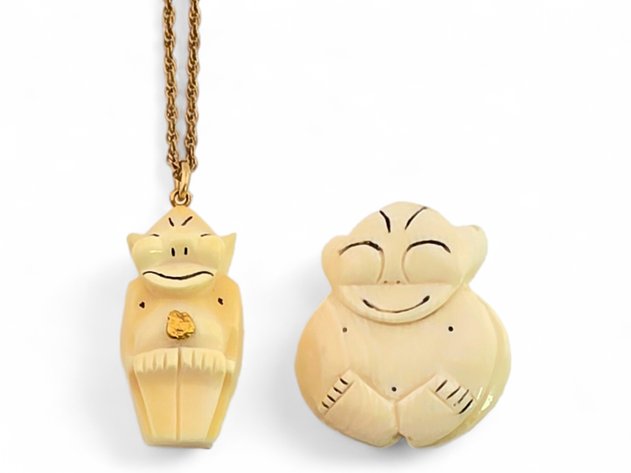 Mammoth Ivory, Whale Tooth & Gold Nugget Billiken Necklace & Brooch