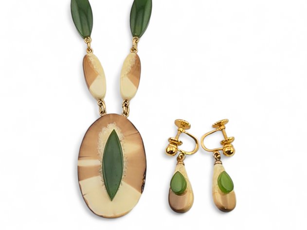 Walrus Ivory & Jade Necklace & Earring Set
