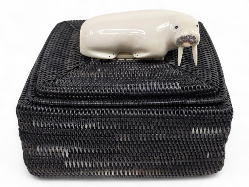 Fantastic & Large Inupiaq Baleen Basket w/ Carved Walrus Finial - Adam R. Tooyak